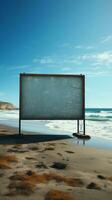 Beachfront billboard Empty display amidst sandy shore and expansive seascape Vertical Mobile Wallpaper AI Generated photo