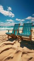 Seaside relaxation Beach chairs on white sand beneath blue sky, basking in sunlight Vertical Mobile Wallpaper AI Generated photo