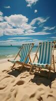 Seaside relaxation Beach chairs on white sand beneath blue sky, basking in sunlight Vertical Mobile Wallpaper AI Generated photo