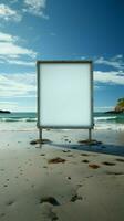 Seaside serenity Empty billboard stands against tranquil ocean backdrop on sandy shore Vertical Mobile Wallpaper AI Generated photo