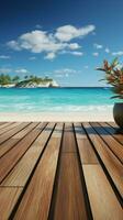 Beachfront presentation Wood deck against blur beach, ideal for showcasing your products Vertical Mobile Wallpaper AI Generated photo