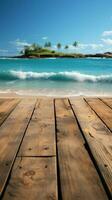 Seaside showcase Blurred beach backdrop complements wood deck for product displays Vertical Mobile Wallpaper AI Generated photo