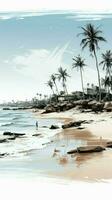 playa bosquejo palma árbol imagen rastreado en arenoso costa, un natural playa expresión vertical móvil fondo de pantalla ai generado foto
