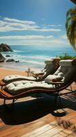 Seaview recliners Chaise lounges on the beach offer relaxation and ocean vistas Vertical Mobile Wallpaper AI Generated photo