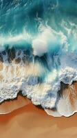 Seaside tranquility Soft wave graces sandy beach, captured from top view perspective Vertical Mobile Wallpaper AI Generated photo