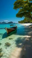 Serene Patong Beach scene, long-tail boats, luxury cruise grace Andaman Sea panorama Vertical Mobile Wallpaper AI Generated photo