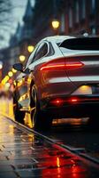 Side of white car, road light up close Capturing vehicle grace and pathway brilliance Vertical Mobile Wallpaper AI Generated photo