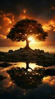 Silhouette of a tree with sun rays in the background Vertical Mobile Wallpaper AI Generated photo