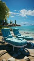 Sitting by the sea Chaise lounges invite beach enthusiasts to unwind and enjoy Vertical Mobile Wallpaper AI Generated photo