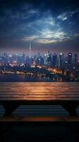 Skyline connection Wooden table amidst city lights under blurred night sky Vertical Mobile Wallpaper AI Generated photo