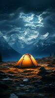 Alpine night camping Tent beneath stars, surrounded by towering peaks and tranquility Vertical Mobile Wallpaper AI Generated photo