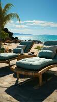 Beachfront reprieve Chaise lounges offer comfort against the backdrop of the ocean Vertical Mobile Wallpaper AI Generated photo