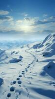 Snowy ascent Human footprints mark hillside climb in tranquil winter landscape Vertical Mobile Wallpaper AI Generated photo
