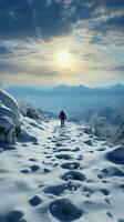 Snowy ascent Human footprints mark hillside climb in tranquil winter landscape Vertical Mobile Wallpaper AI Generated photo