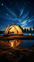 Starry campsite Tent rests in the nights embrace, under celestial canopy Vertical Mobile Wallpaper AI Generated photo