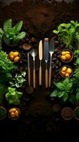 Spring gardening tools on fertile soil background from above, epitomizing planting concept Vertical Mobile Wallpaper AI Generated photo