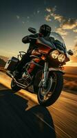 Sunrise highway dash Motorcyclist in motion, spacious copy area enhancing early morning vibe Vertical Mobile Wallpaper AI Generated photo