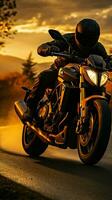 Sunrise highway ride Motorcyclist speeds, offering copious copy space, embodying morning adventure Vertical Mobile Wallpaper AI Generated photo