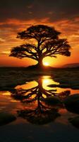 puestas de sol regalo árbol silueta adornado por soles dorado rayos en crepúsculos lona vertical móvil fondo de pantalla ai generado foto