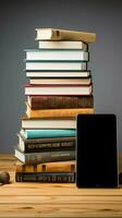 Tablet and books placed on clean white backdrop in harmonious arrangement Vertical Mobile Wallpaper AI Generated photo