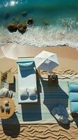 Beachscape vignette Top view showcases sandy beach, towel frame, and summer essentials Vertical Mobile Wallpaper AI Generated photo