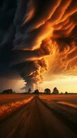 Tornado silhouetted against vibrant sunset, an astonishing convergence of natural spectacles Vertical Mobile Wallpaper AI Generated photo