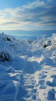 Trail of ascent Human footprints mark snowy hillside climb with determined steps Vertical Mobile Wallpaper AI Generated photo