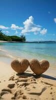 Tropical romance Sand hosts handwritten hearts against a serene beach background Vertical Mobile Wallpaper AI Generated photo