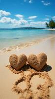 Tropical romance Sand hosts handwritten hearts against a serene beach background Vertical Mobile Wallpaper AI Generated photo