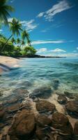 Tropical shoreline Sandy beach framed by graceful palm trees under blue skies Vertical Mobile Wallpaper AI Generated photo