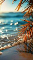 Tropical tranquility Blurred palm, beach bokeh add depth to sandy scene, invoking vacation Vertical Mobile Wallpaper AI Generated photo