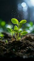 de cerca, naciente planta prospera dentro suelo, un retrato de emergente vitalidad vertical móvil fondo de pantalla ai generado foto