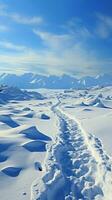 cuesta arriba en nieve humano huellas documento determinado escalada mediante invernal colina vertical móvil fondo de pantalla ai generado foto