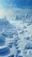 Uphill in snow Human footprints document determined climb through wintry hill Vertical Mobile Wallpaper AI Generated photo