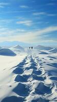 Uphill in snow Human footprints document determined climb through wintry hill Vertical Mobile Wallpaper AI Generated photo