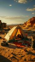 Uncharted desert camping Remote site amidst arid wilderness, disconnected from civilization Vertical Mobile Wallpaper AI Generated photo