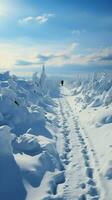 Uphill in snow Human footprints document determined climb through wintry hill Vertical Mobile Wallpaper AI Generated photo