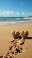 Beachside love notes Handwritten hearts on sand backdrop, tropical warmth and affection Vertical Mobile Wallpaper AI Generated photo