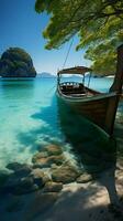 Andaman Seas charm, Patong Beach, long-tail boats, luxury cruise form idyllic scenery Vertical Mobile Wallpaper AI Generated photo