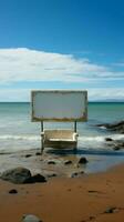 orilla vacío cartelera en contra arenoso costa, con vista a el vasto mar vertical móvil fondo de pantalla ai generado foto