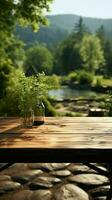 Wilderness display setup Empty wooden table in park for showcasing products amidst nature Vertical Mobile Wallpaper AI Generated photo