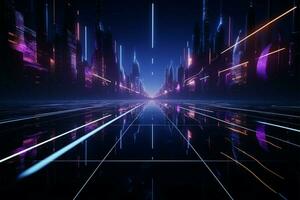 Cyberpunk neon fantasy, VR cityscape, transformed geometric studio floor AI Generated photo