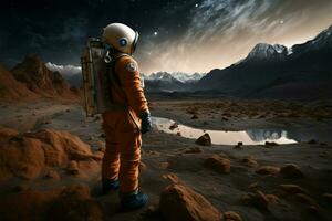 curioso astronauta miradas a extraterrestre terreno durante interplanetario espacio misión ai generado foto