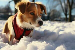 A sunny winter day, a puppys snowy adventure in the park AI Generated photo