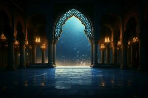 Ethereal moonlight graces an Islamic mosques interior with tranquil radiance AI Generated photo