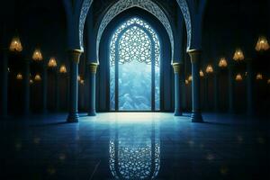 Ethereal moonlight graces an Islamic mosques interior with tranquil radiance AI Generated photo