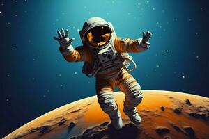 Friendly astronaut on celestial body, science and tech emblem AI Generated photo