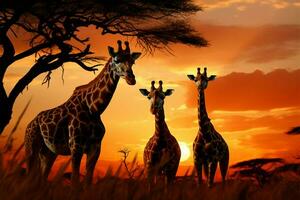 Golden hour magic giraffes bask in the setting suns transformative glow AI Generated photo