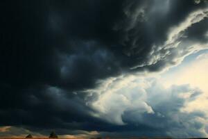 un transformado escena Tormentoso clima y oscuro nubes barrer a través de ai generado foto