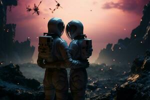 In the embrace of an alien world love blooms in space AI Generated photo